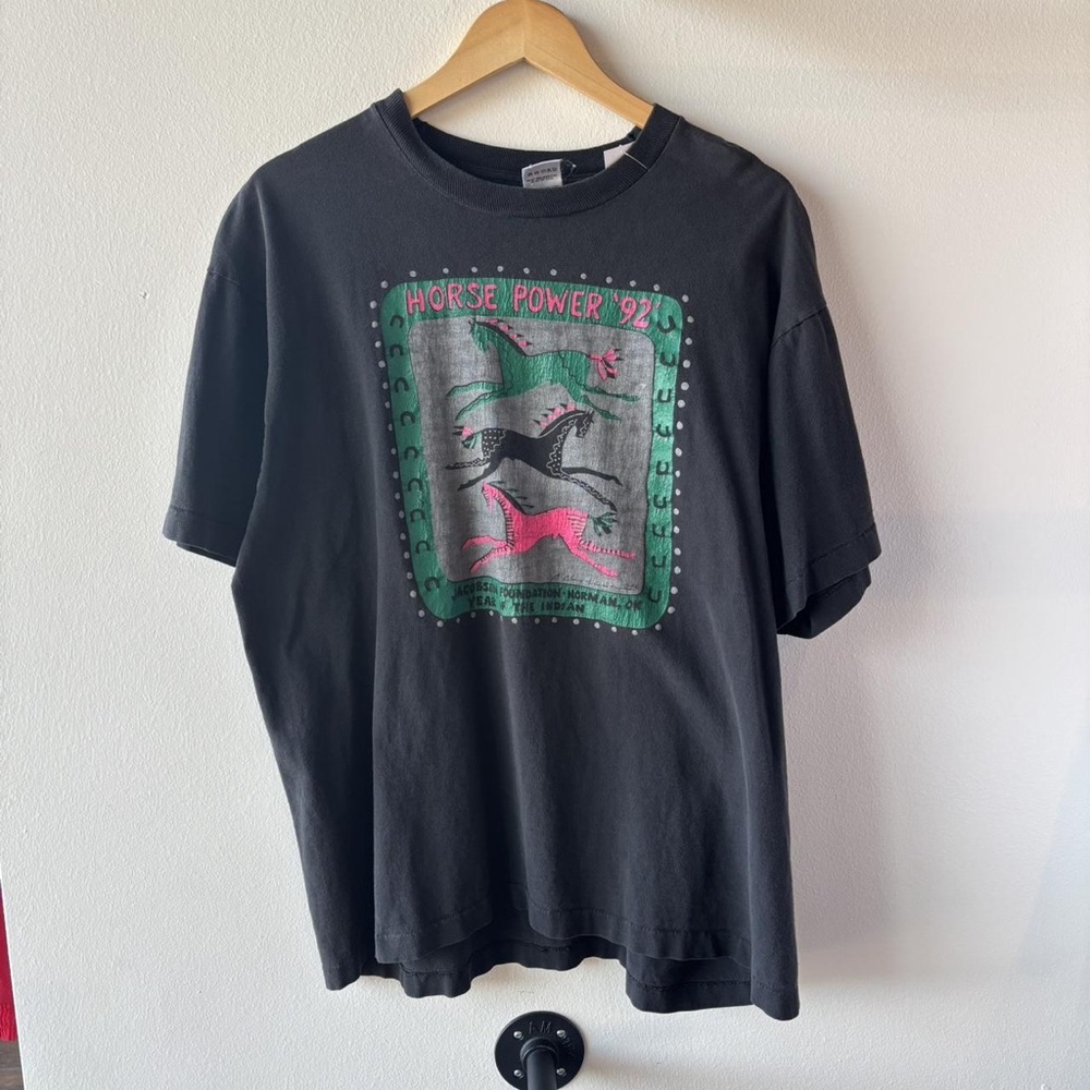 Fruit of the Loom Black Tee with Green & Pink Horse Graphic